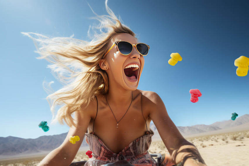 girl smiling and catching mushroom gummies