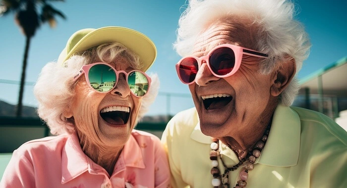 elevated old couple laughing with joy from mushroom chocolates